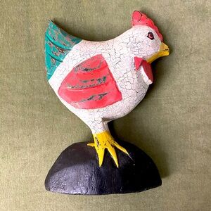 Vintage folk art wooden Rooster Figurine hand painted crackled